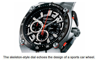The skeleton-style dial echoes the design of a sports car wheel. 7t62