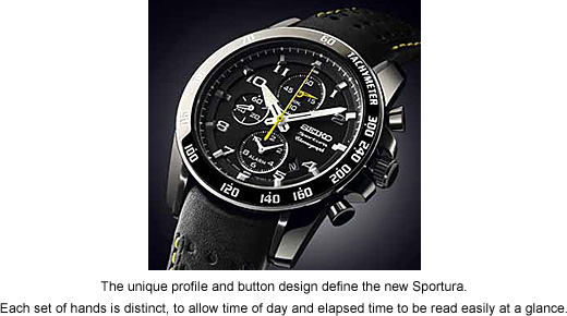 The unique profile and button design define the new sportura. each set of hands is distinct, to allow time of day and elapsed time to be read easily at a glance.