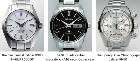 The mechanical caliber 9s85 “hi-beat 36000”, the 9f quartz caliber accurate to +/-10 seconds per year, the spring drive chronograph caliber 9r86